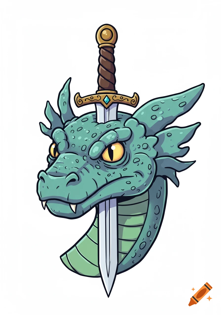 A cartoon-style green dragon head with a gold-hilted sword piercing through its skull.
