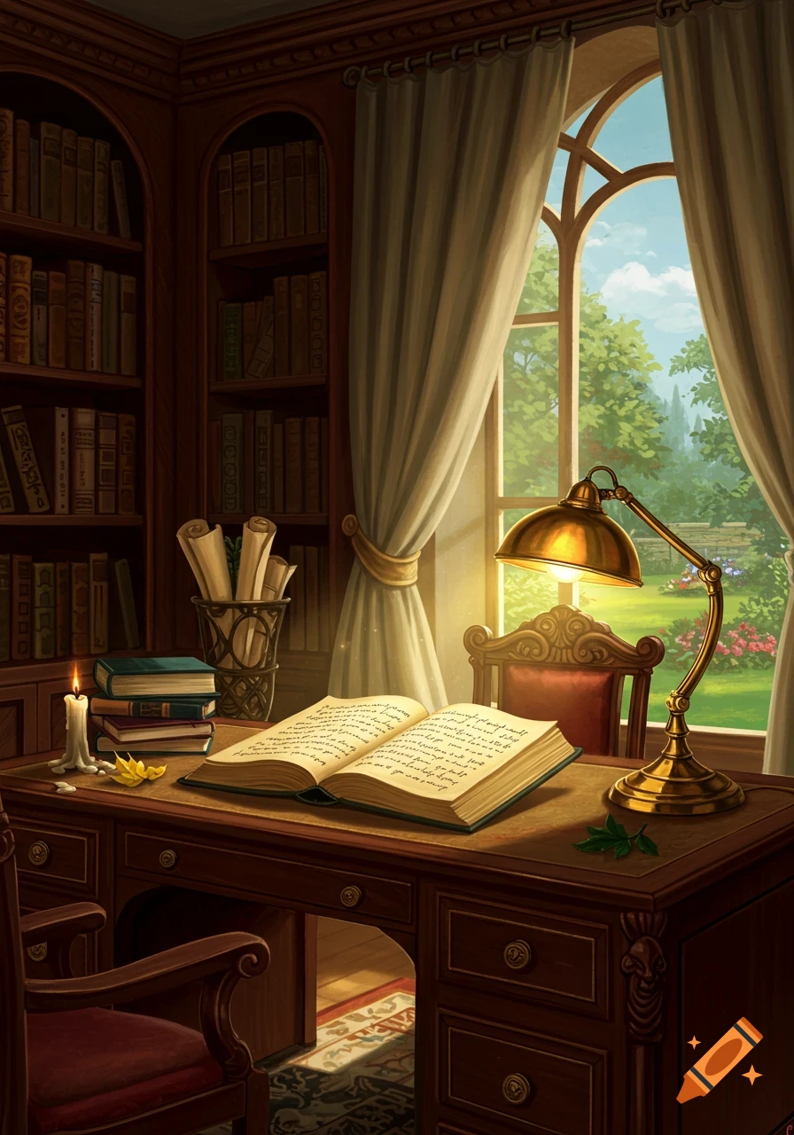 A cozy study room with a wooden desk, an open book, a lit candle, and a desk lamp, looking out a large window to a lush garden.