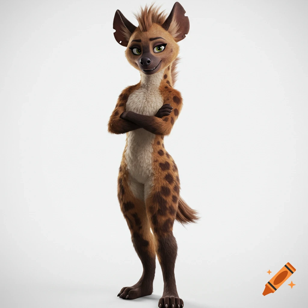A realistic 3D rendering of an anthropomorphic female hyena with brown fur and spots, standing with arms crossed, smirking on a white background.