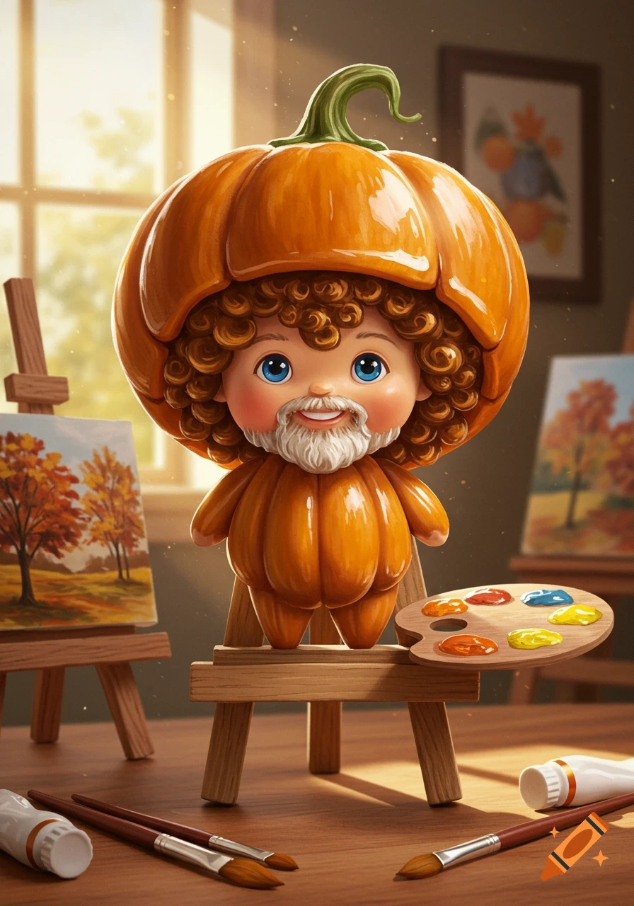 A cute, whimsical character in a pumpkin costume with curly hair and a beard, standing on a miniature easel next to a paint palette and brushes, surrounded by autumn paintings.