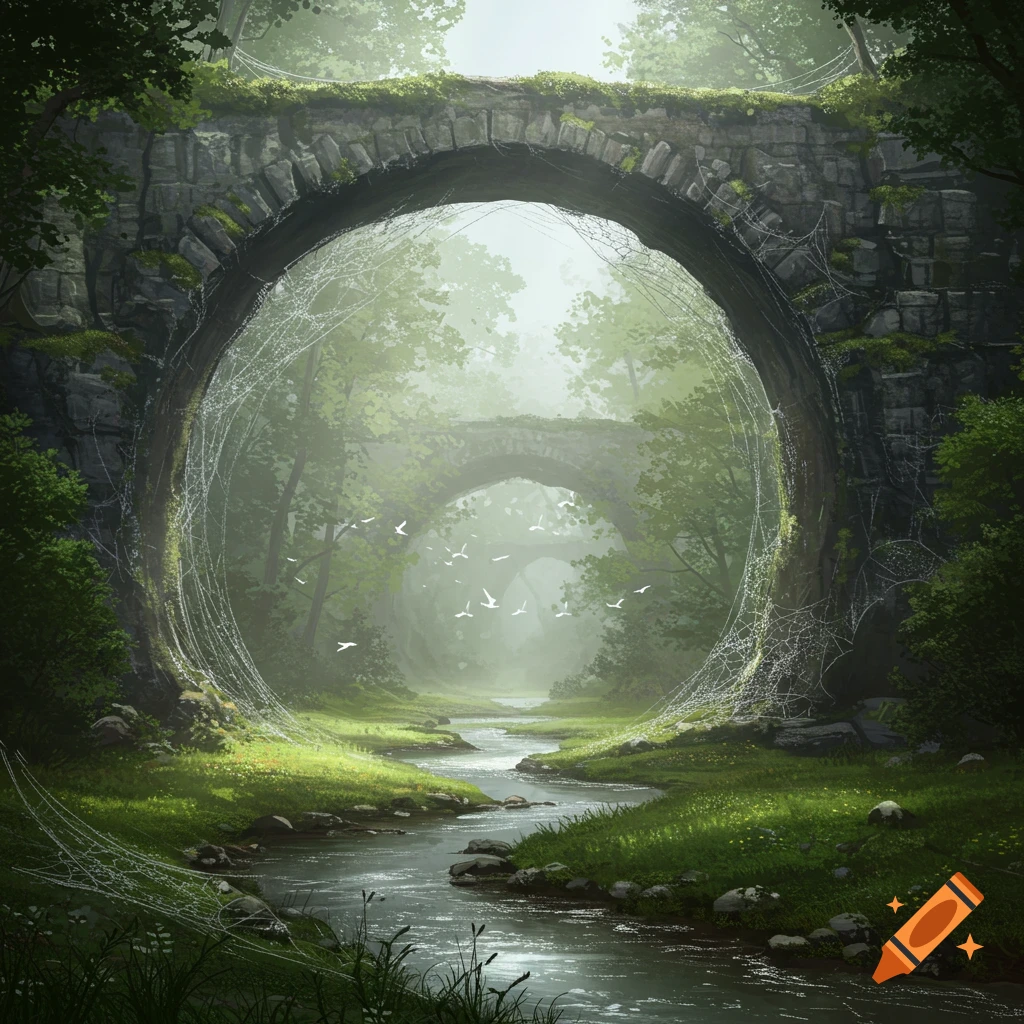 A mystical forest scene with a stone arch bridge, a flowing river, and ethereal spiderwebs illuminated by a soft light.