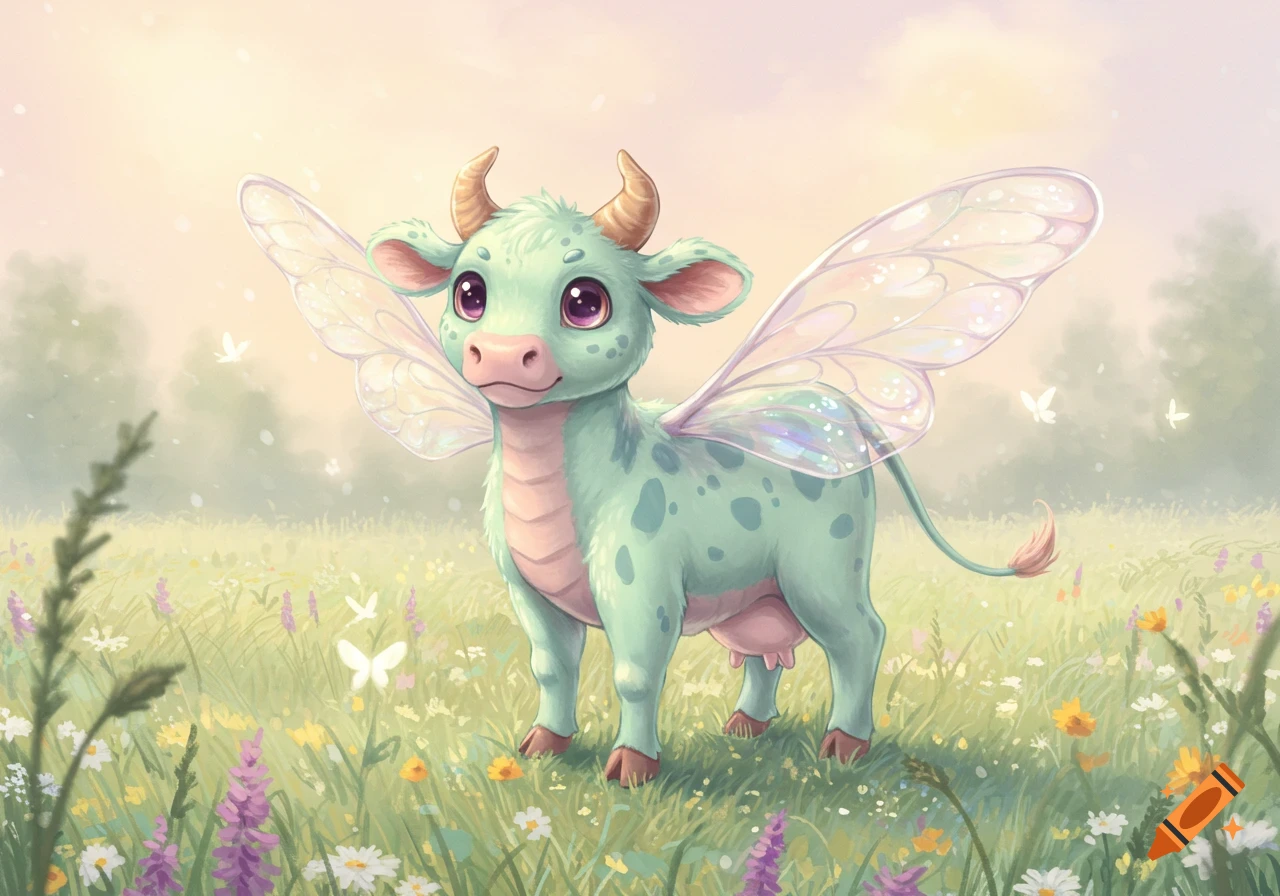 A cute, light green dragon-cow with iridescent wings stands in a sunlit meadow with wildflowers and butterflies.