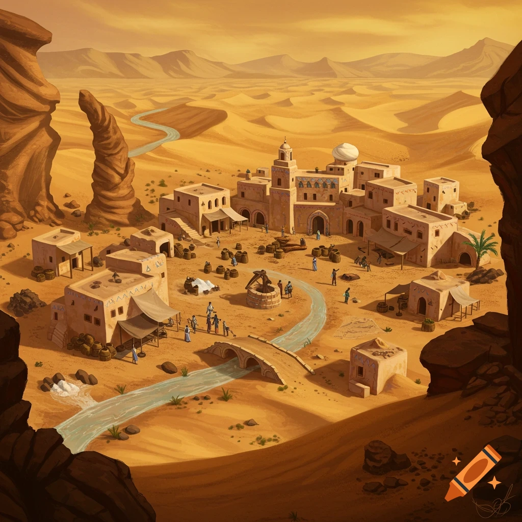 An illustrated fantasy desert village with mud-brick buildings, a river, and people, surrounded by dunes and mountains.