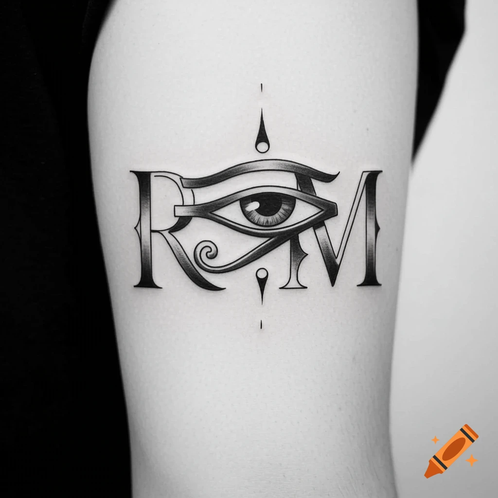Black and white tattoo of the letters R and M with an Eye of Ra symbol in the center, on a person's arm.