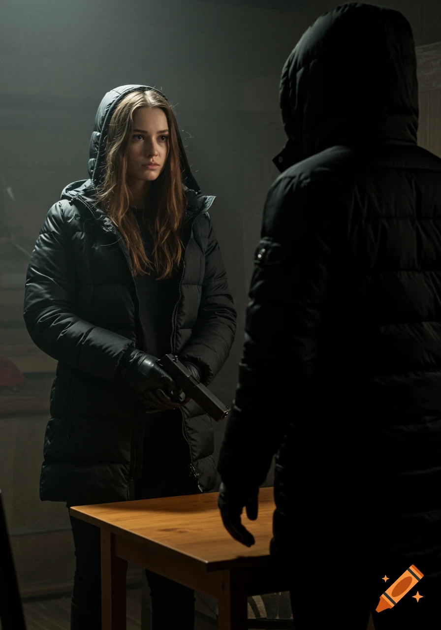 A young woman in a black puffer coat and gloves holds a pistol, looking at a hooded figure across a table in a dimly lit room.