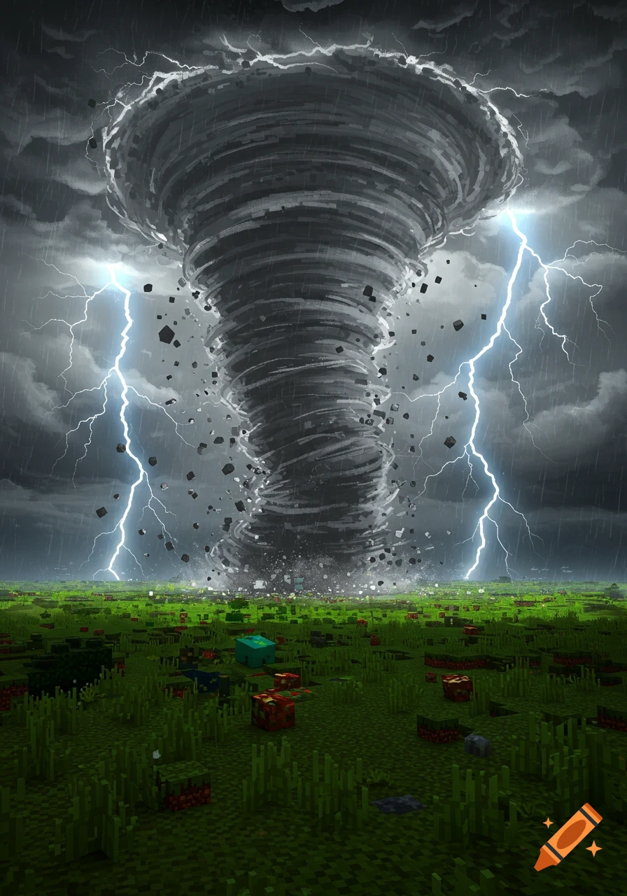 A massive tornado rages over a blocky, green Minecraft landscape with lightning striking from dark, stormy clouds.