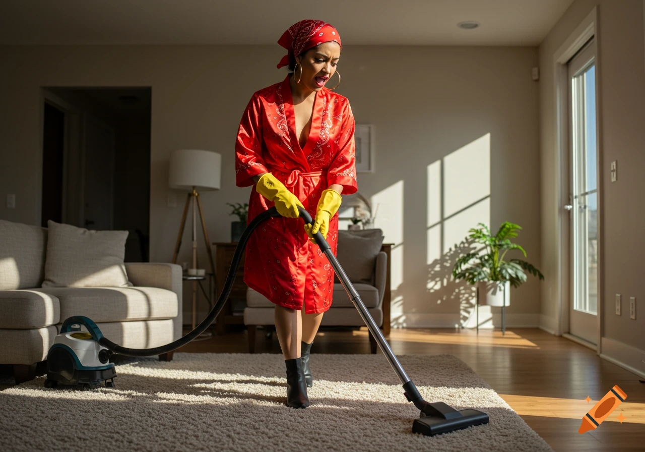 A woman in a red robe and yellow gloves vacuums a beige carpet in a sunlit living room.