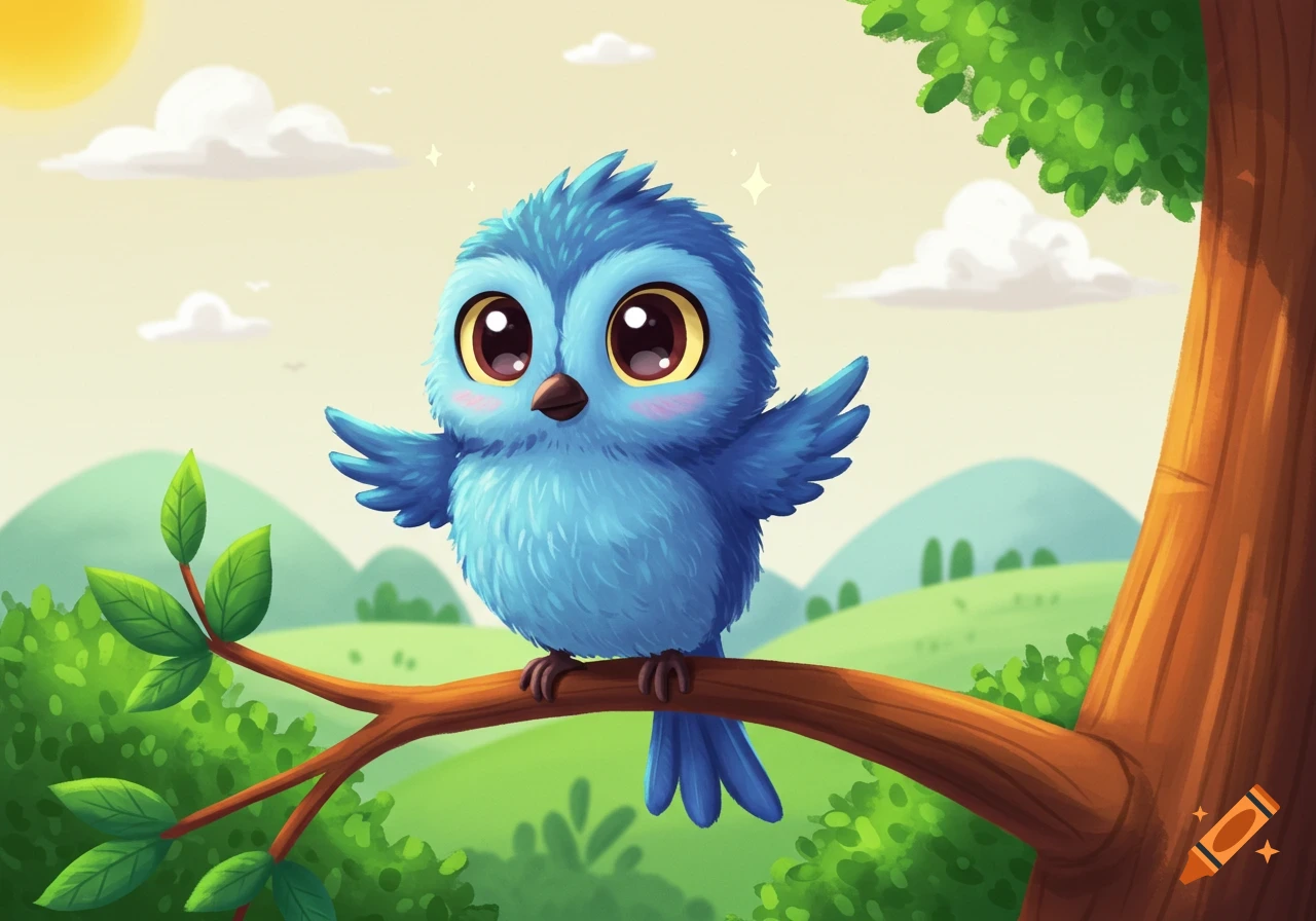 A cute, fluffy blue cartoon bird with big eyes sits on a tree branch in a  vibrant outdoor scene on a sunny day. on Craiyon, image size:1280x896