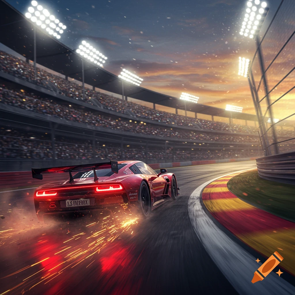 Red race car speeding on a track at sunset, with sparks flying and a stadium in the background. Photorealistic style.