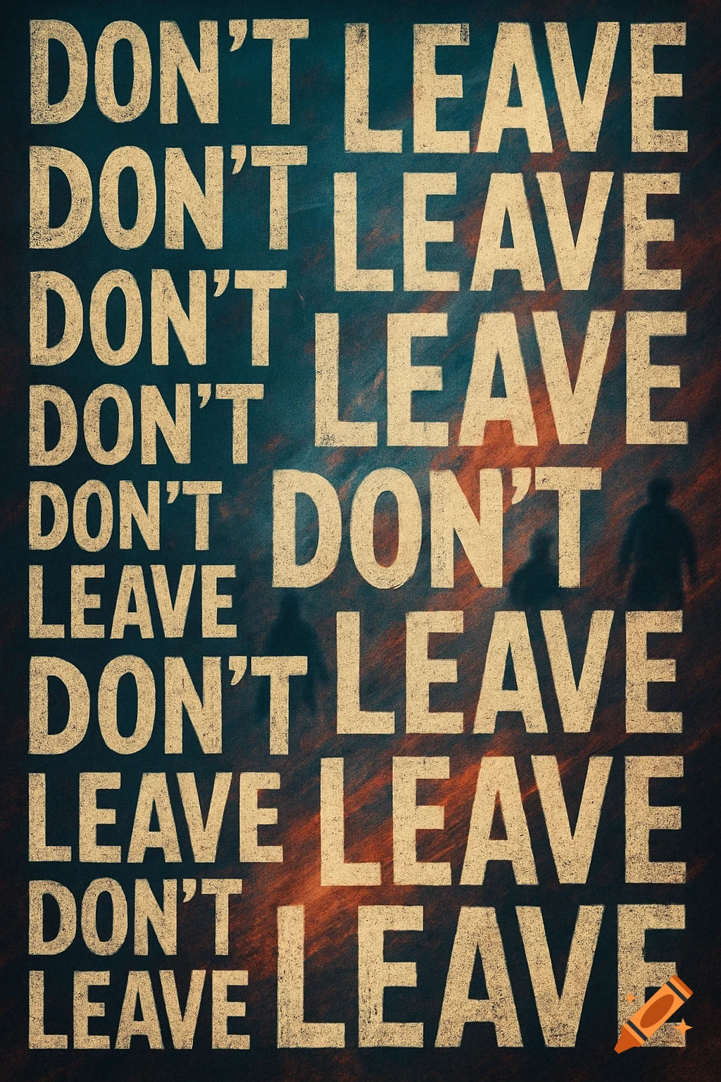 Distressed poster with the words 'DON'T LEAVE' repeated in rows, set against a dark blue and orange textured background with faint human silhouettes.