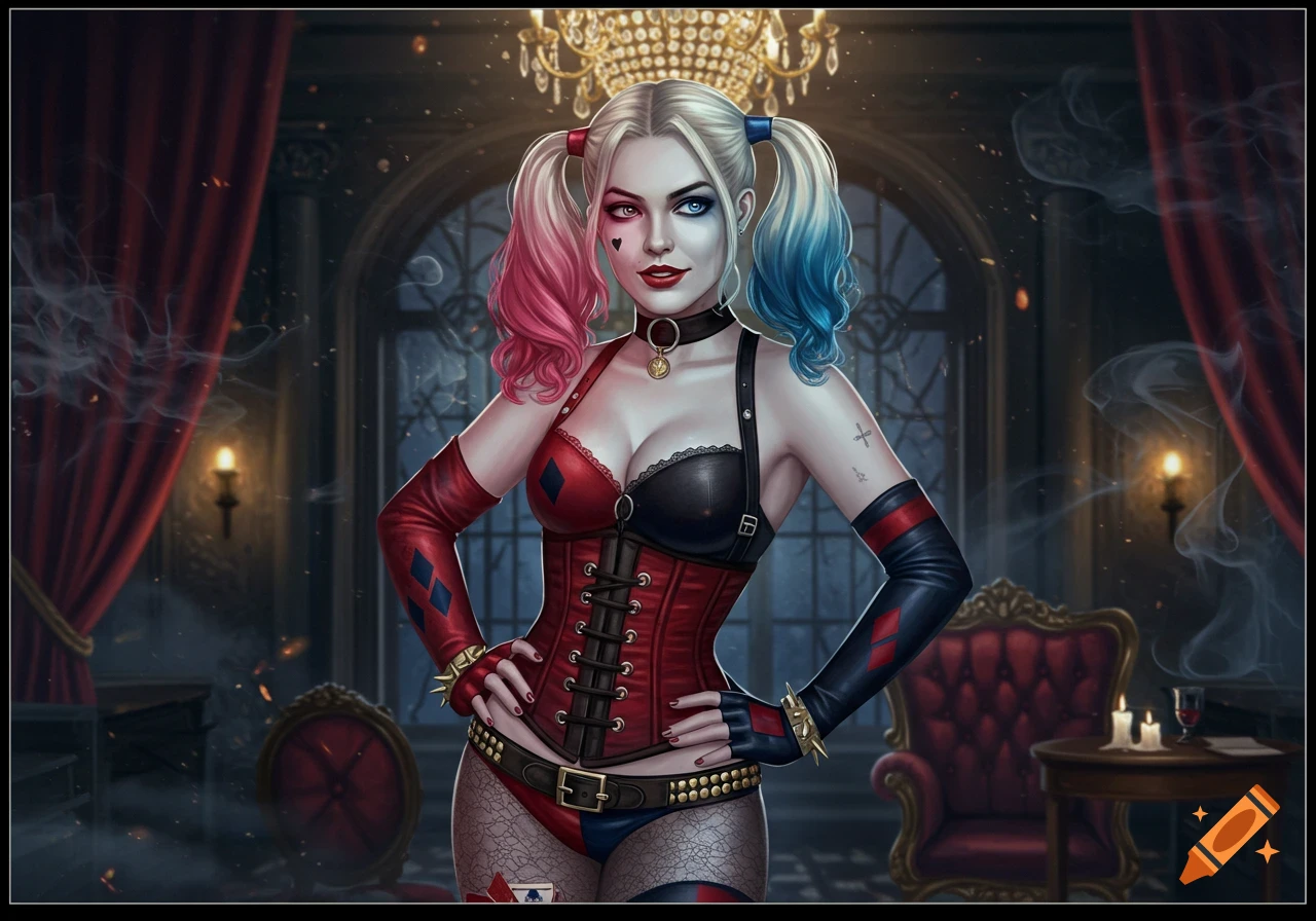 Digital illustration of Harley Quinn in a red and black corset, gloves, and fishnets, with pink and blue pigtails, standing in an opulent room.