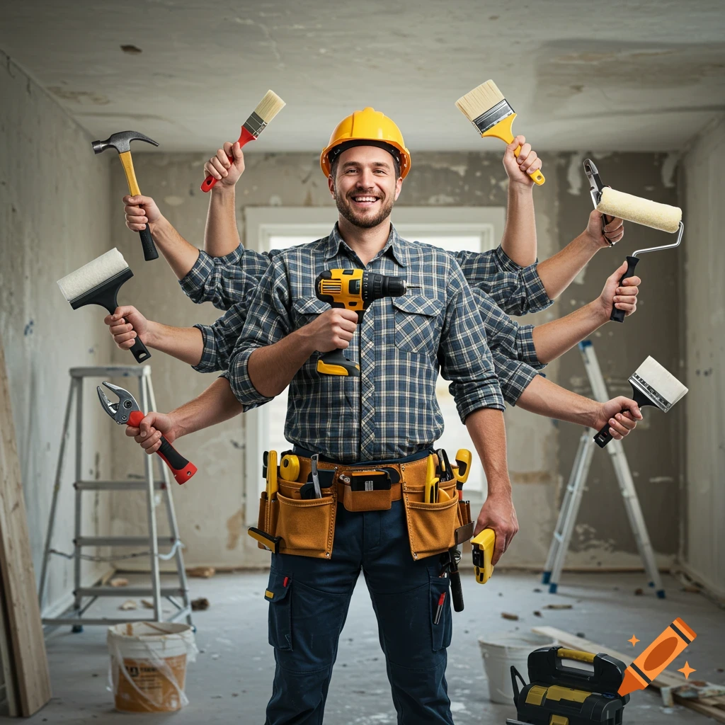 Photorealistic image of a smiling handyman with multiple arms holding various tools like a drill, hammer, and paint rollers in a renovation site.