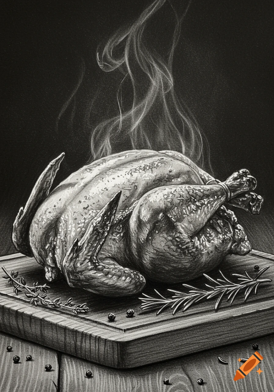 A black and white charcoal drawing of a roasted chicken with steam rising, on a wooden cutting board with herbs.