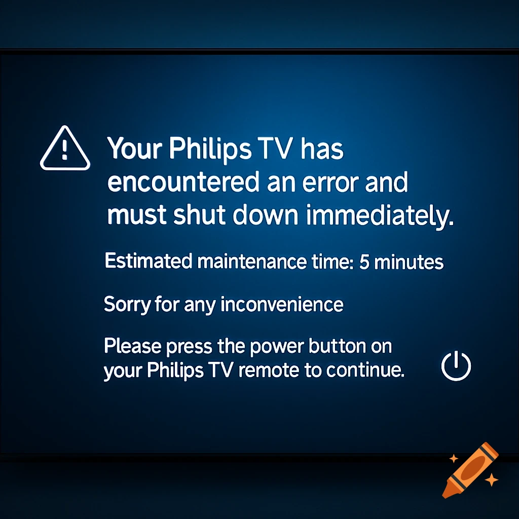 A photorealistic Philips TV screen displaying a blue error message with a warning icon.