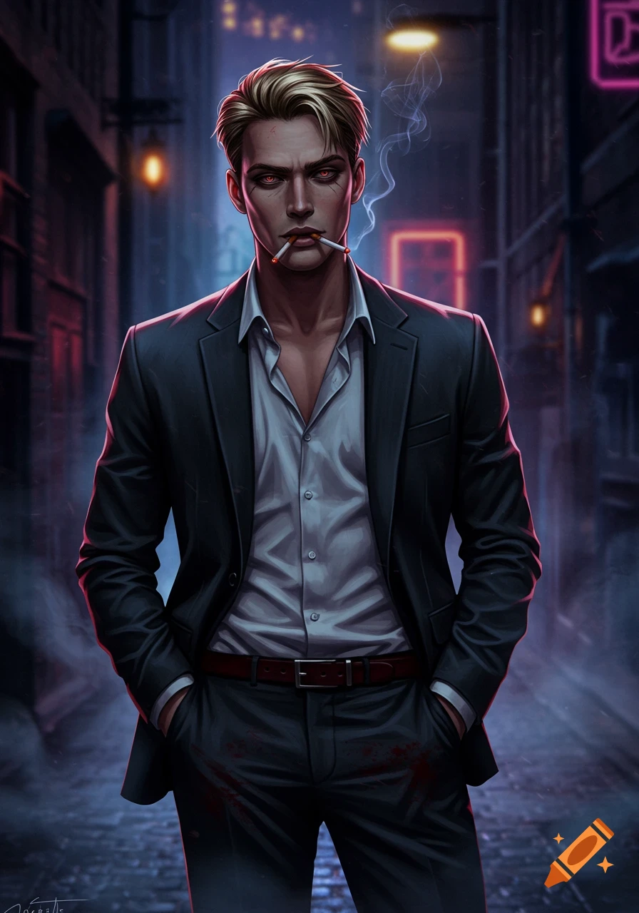 A serious blond man with red eyes smoking in a dark, neon-lit alley. He wears a suit with blood splatters, in a digital art style.
