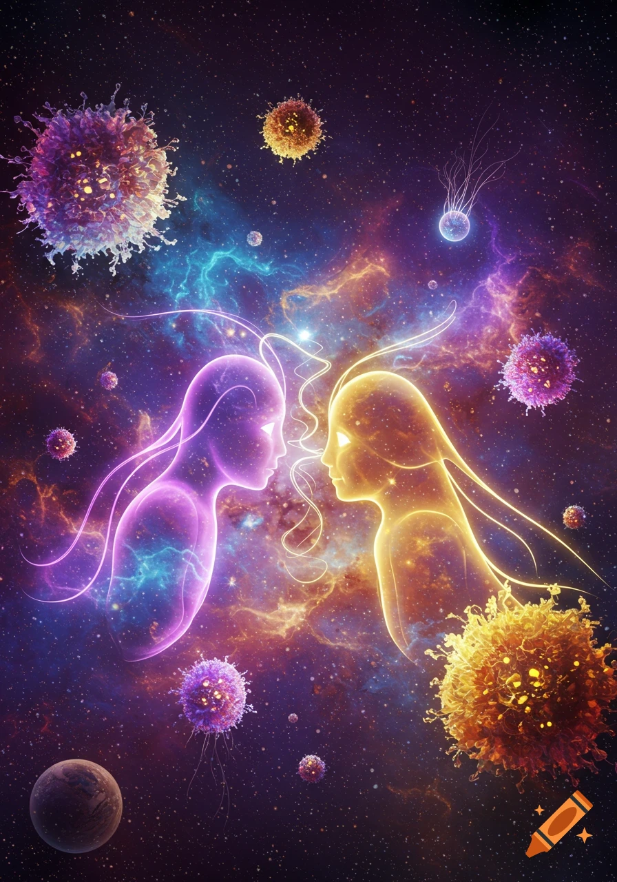 Ethereal purple and gold figures face each other in vibrant cosmic space, surrounded by nebulae, stars, and cell-like forms.