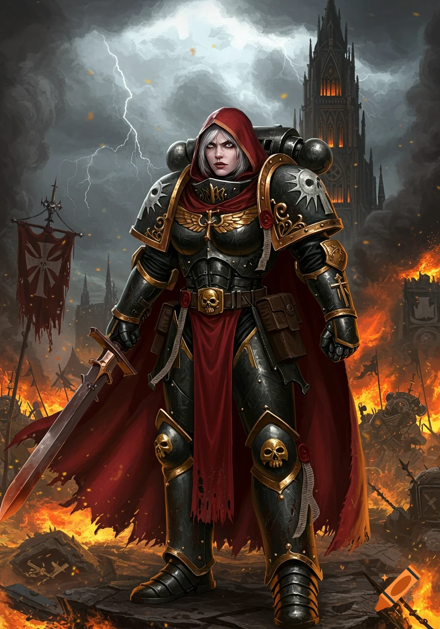 A female warrior in black and gold power armor with a red hood stands in a burning, stormy city, holding a large sword.