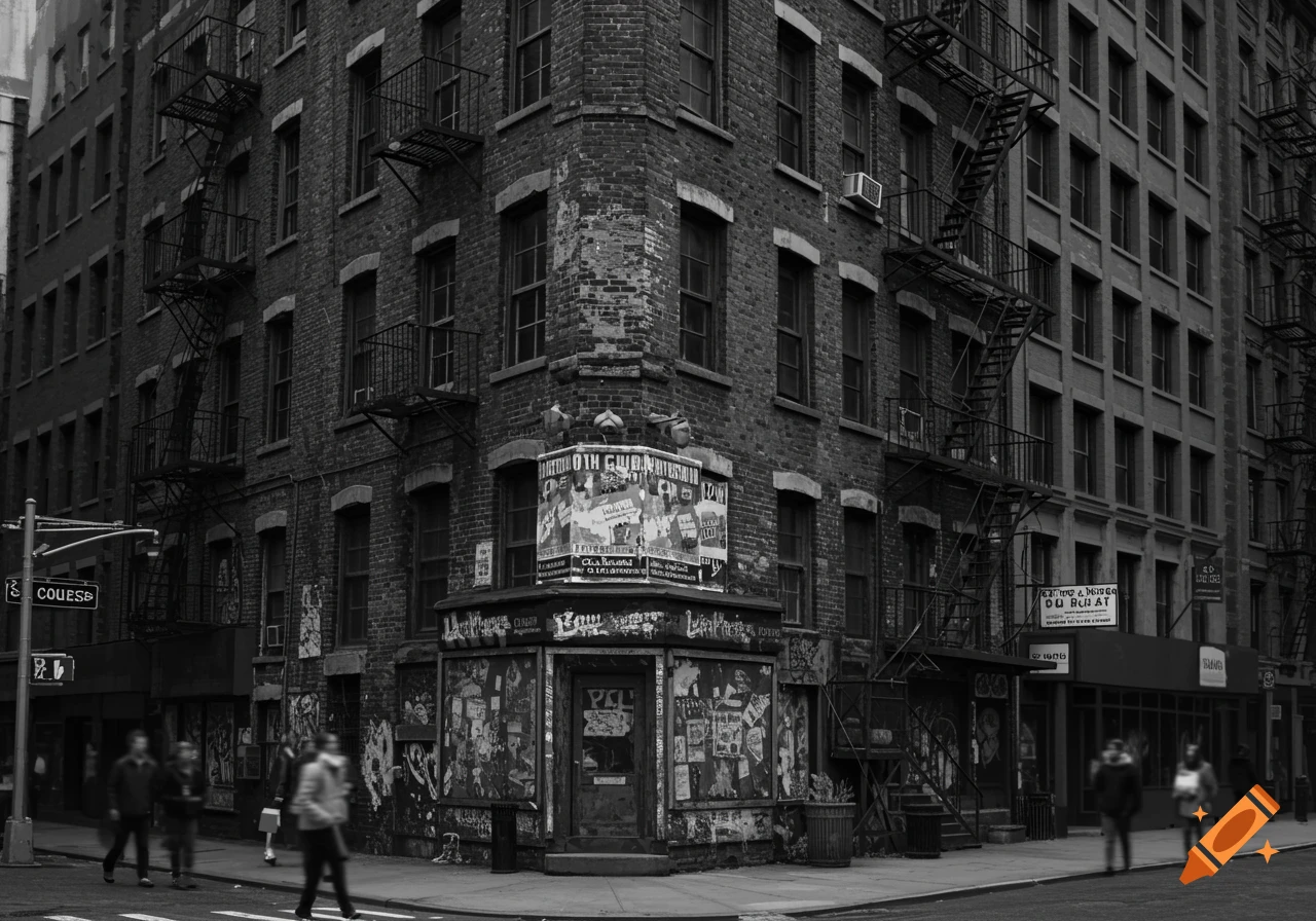 A black and white photo of a run-down brick building at a street corner in a city, with fire escapes and posters covering the storefront.
