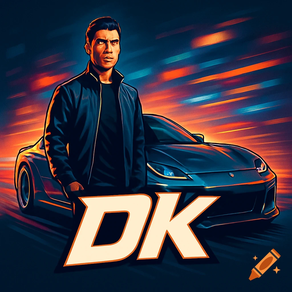 Stylized image of a man in a black jacket standing in front of a dark car with a speed blur background and "DK" text.