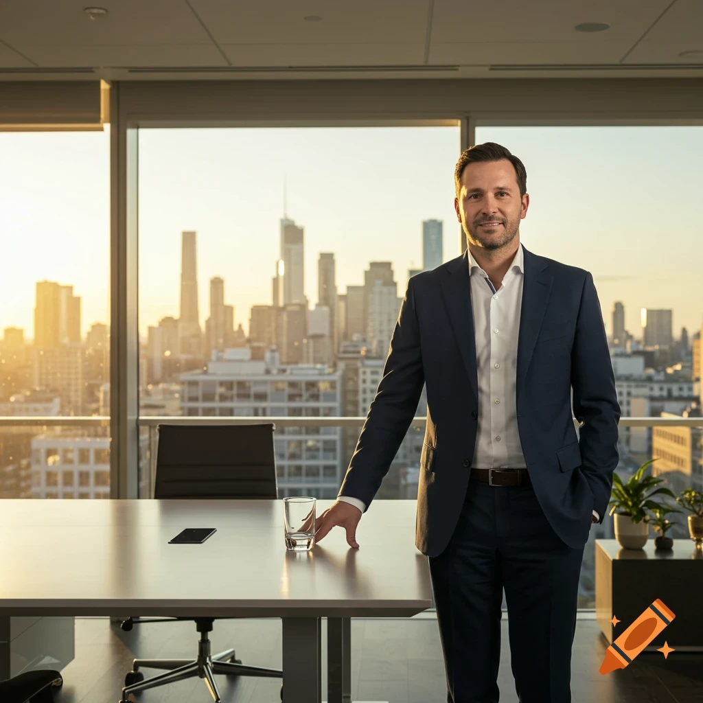 Photorealistic portrait of a man in a suit standing in a modern office with a city skyline at sunset.