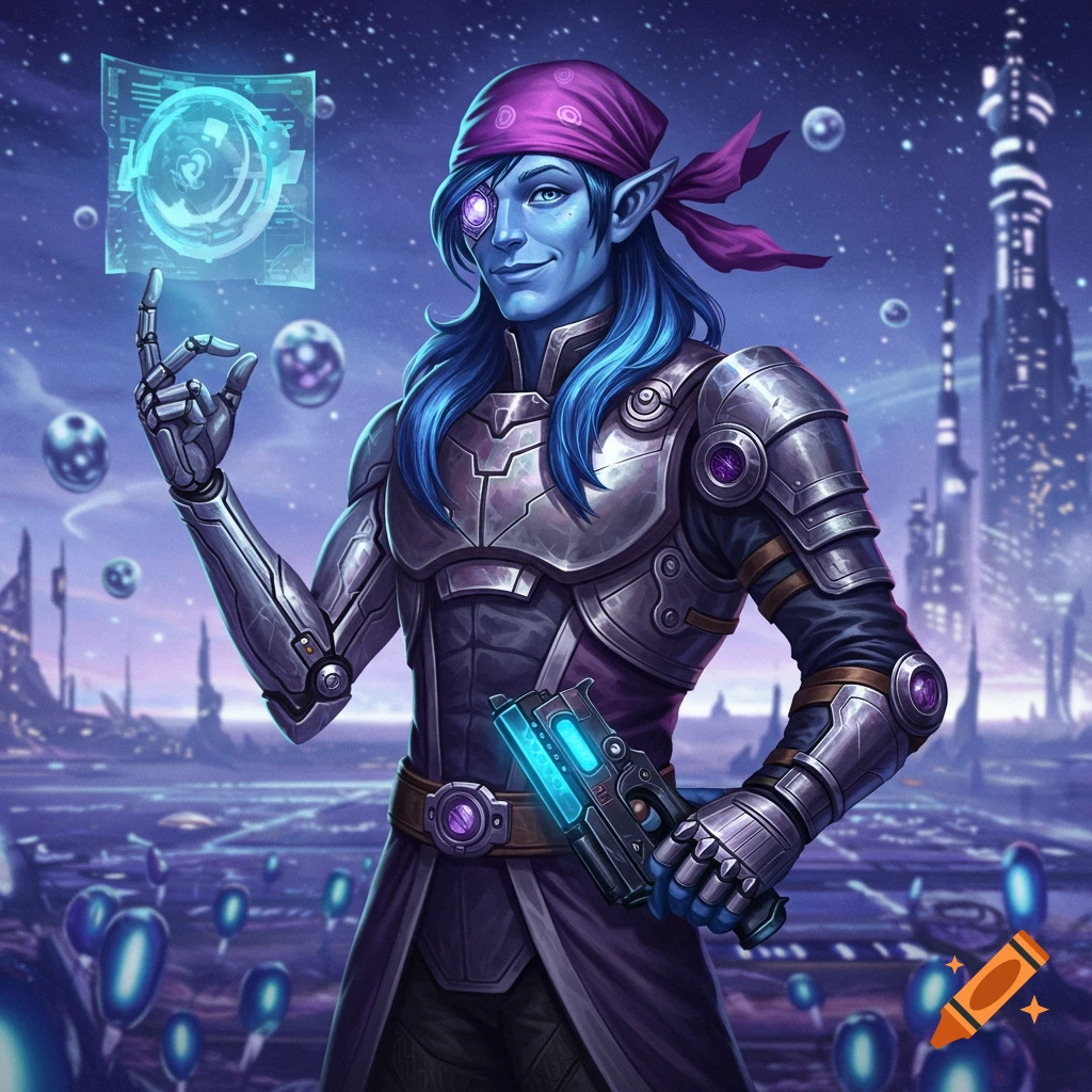 A smiling blue-skinned alien with indigo hair, a purple bandana, cyborg eye and arm holds a glowing pistol in a futuristic city.