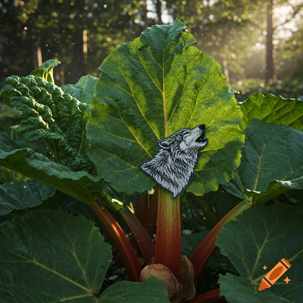 A close-up photorealistic shot of a wolf patch on a large green rhubarb leaf in a sunlit forest.