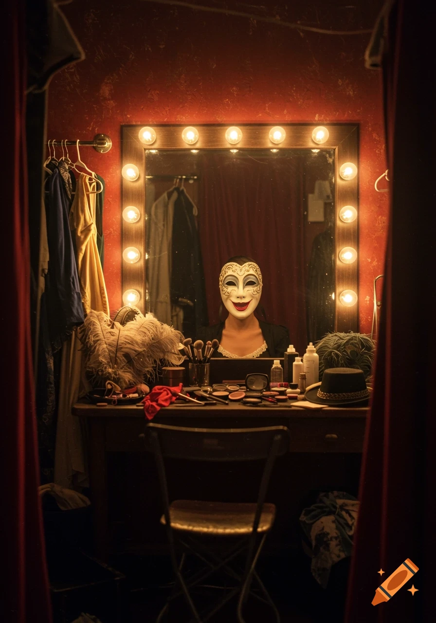 Photorealistic image of a person wearing a white masquerade mask in a vintage theater dressing room, surrounded by makeup and costumes.