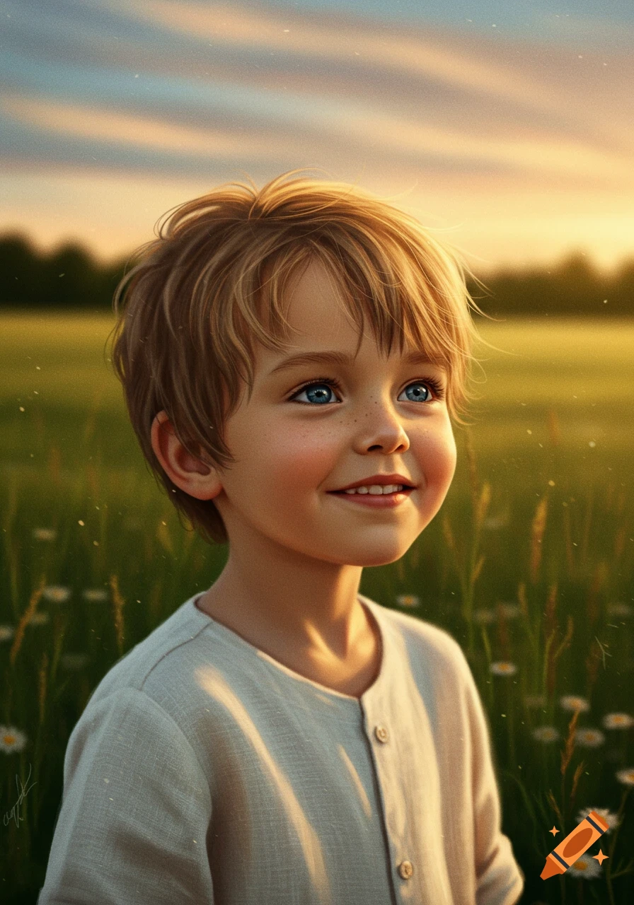 A portrait of a young boy with blond hair and blue eyes, smiling and looking up, standing in a sunny green field at sunset.