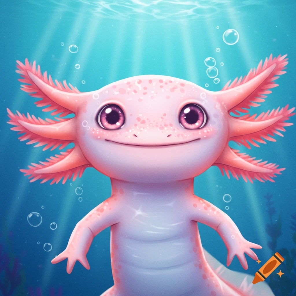 A cute pink axolotl with large dark eyes smiles underwater, surrounded by bubbles and light rays, in a cartoon style.