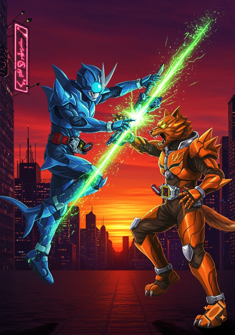 Blue shark-themed armored rider fights orange wolf-themed armored rider with glowing green energy blade in a city at sunset.