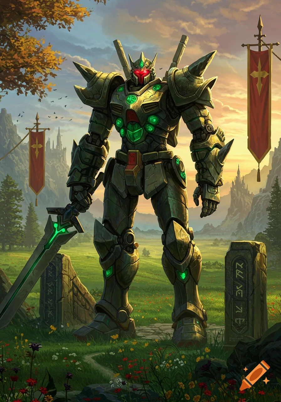 A large green and grey gundam-like robot with glowing green accents stands holding a sword in a vibrant fantasy landscape at sunset.