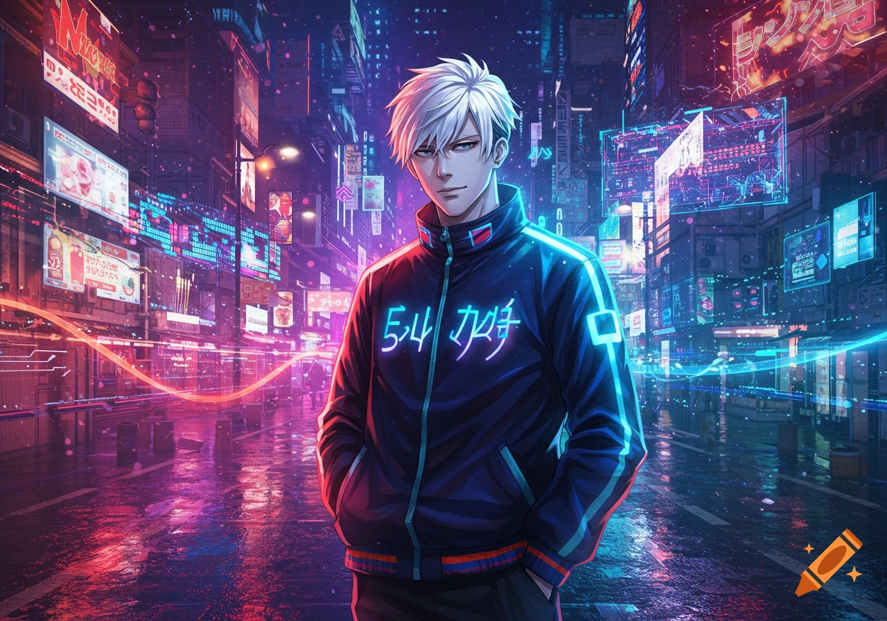 An anime character with white hair and a glowing blue and red jacket stands in a vibrant, neon-lit cyberpunk city street at night.