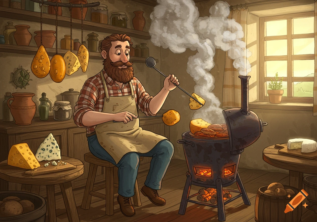 A cartoon man with a beard and apron smokes cheese in a rustic kitchen.