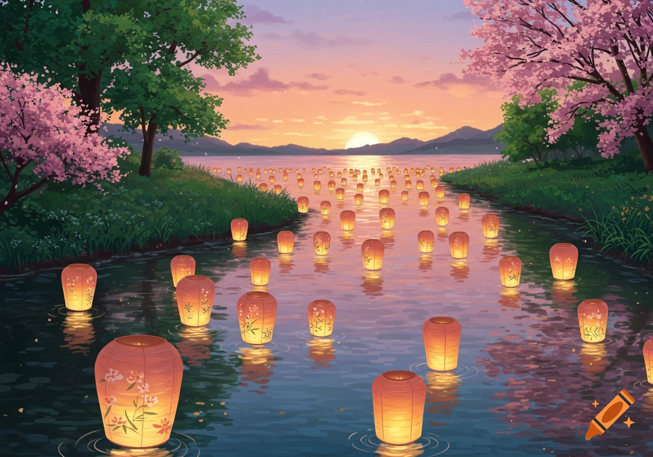 Floating lanterns illuminate a calm river lined with cherry blossom trees under a sunset sky, digital art.