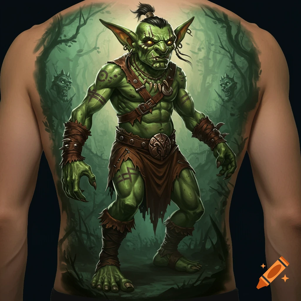 A detailed green goblin tattoo on a person's back, featuring pointed ears, fangs, tribal clothing, and a dark forest background.