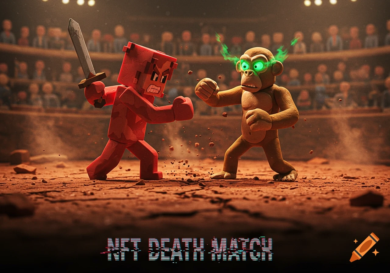 A red blocky warrior with a sword fights a tan ape with glowing eyes in a clay arena. Text "NFT Death Match" is visible at the bottom.