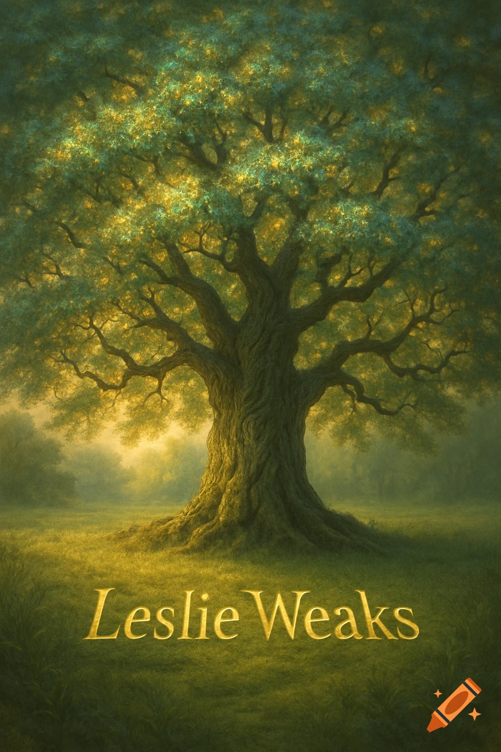 A majestic, vibrant green tree with glowing golden leaves stands in a misty, sunlit field, with 'Leslie Weaks' written in gold at the bottom.