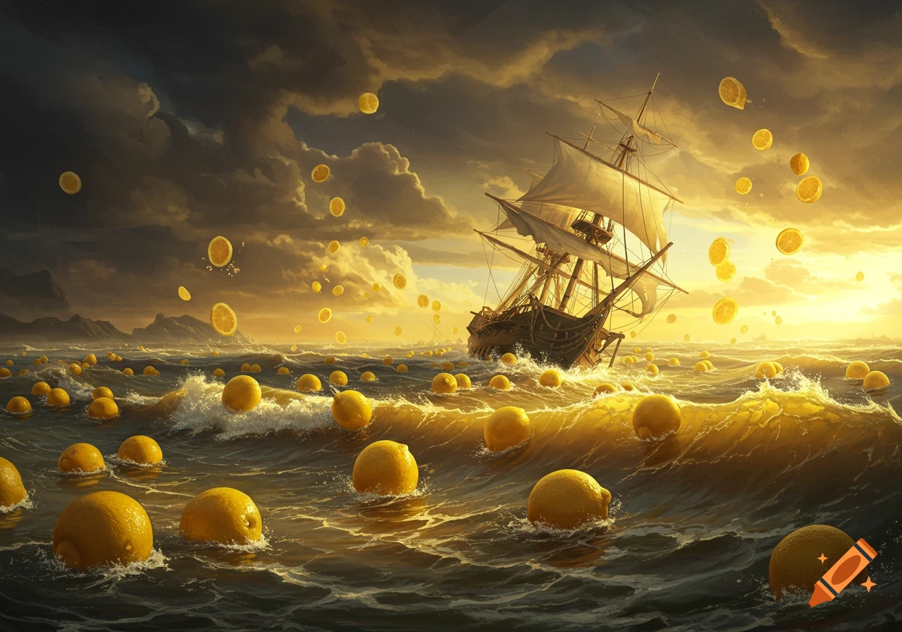 A large sailing ship in a stormy, lemon-filled sea, with lemons floating in the golden, cloudy sky, in a painting style.