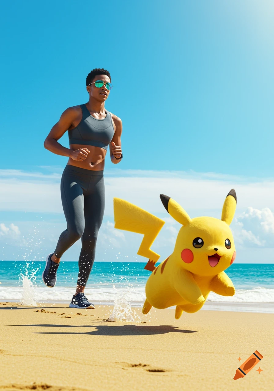 Photorealistic image of a person in sports gear and sunglasses running on a sandy beach next to a jumping Pikachu.