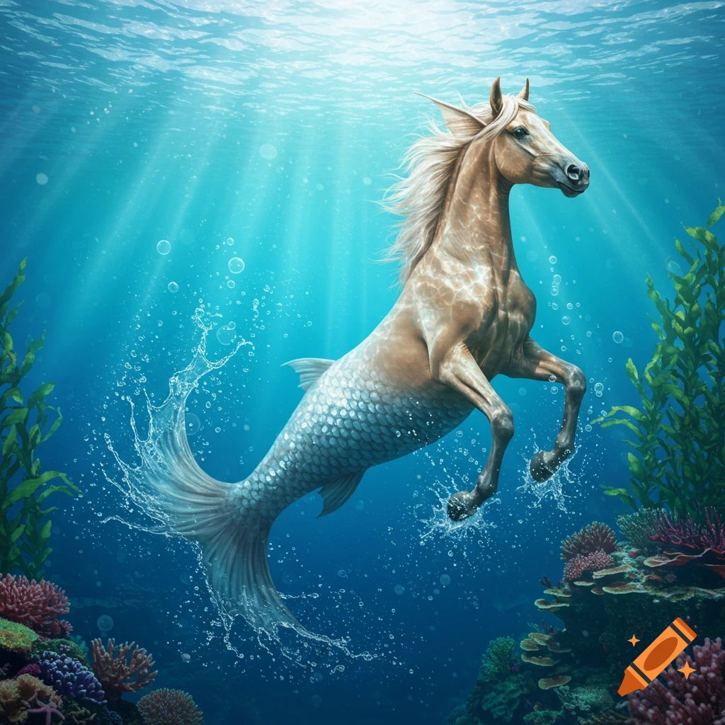 A majestic creature, half horse and half fish, swims gracefully underwater with light rays filtering from above.
