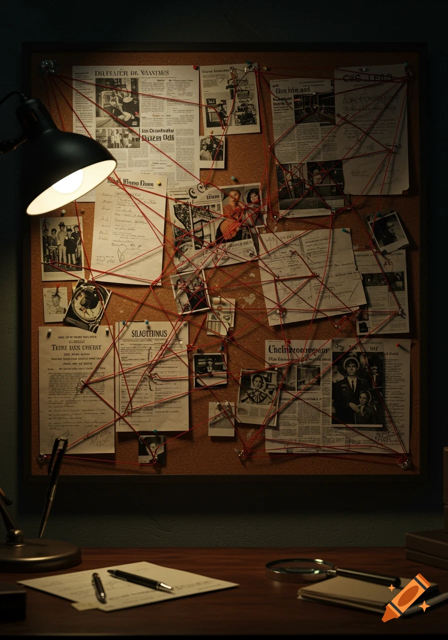A detective's cork board with documents, photos, and red string, illuminated by a desk lamp on a wooden desk.