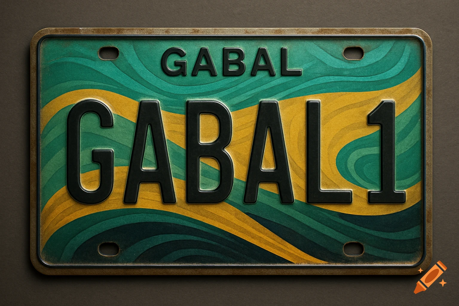 A photorealistic license plate for fictional Gabal, with teal, green, yellow wavy patterns, and black text 'GABAL' and 'GABAL1', showing wear.