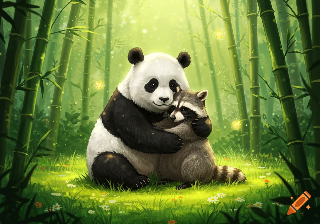 An illustration of a panda hugging a raccoon in a sunny bamboo forest with butterflies.