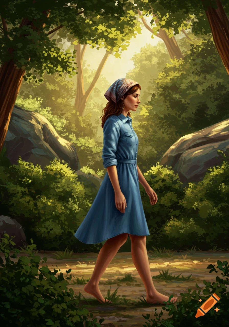 Illustrated woman in a blue denim dress and bandana walking barefoot through a sun-dappled forest.