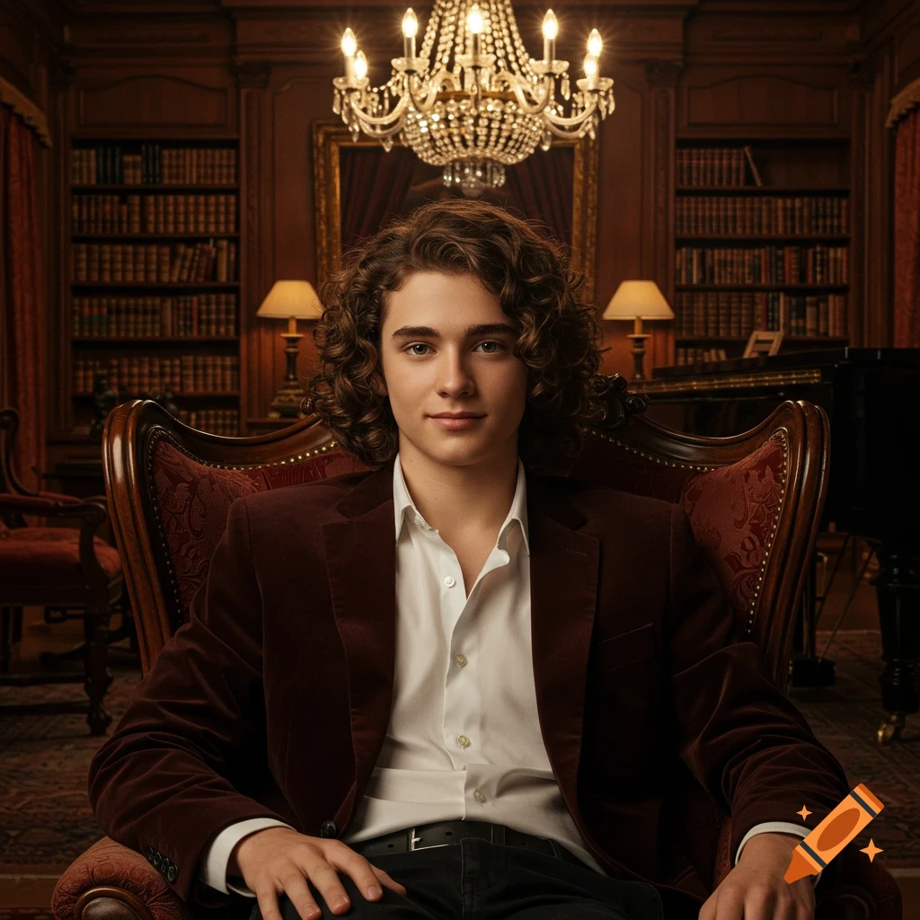 Photorealistic portrait of a handsome young man with curly hair sitting in a grand library.