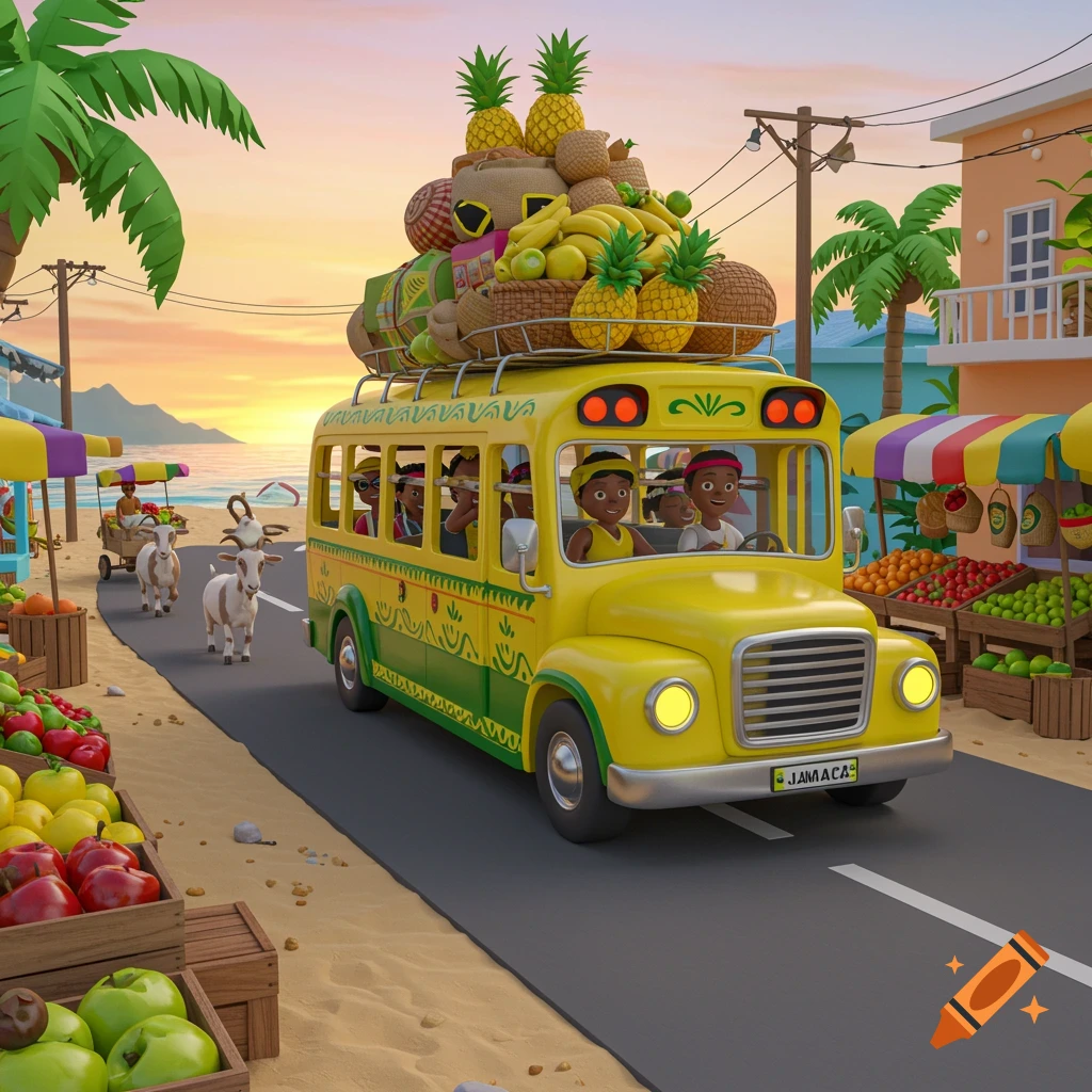 A colorful 3D cartoon of a yellow and green Jamaican bus, overloaded with fruit, driving along a tropical beach road past market stalls and goats.