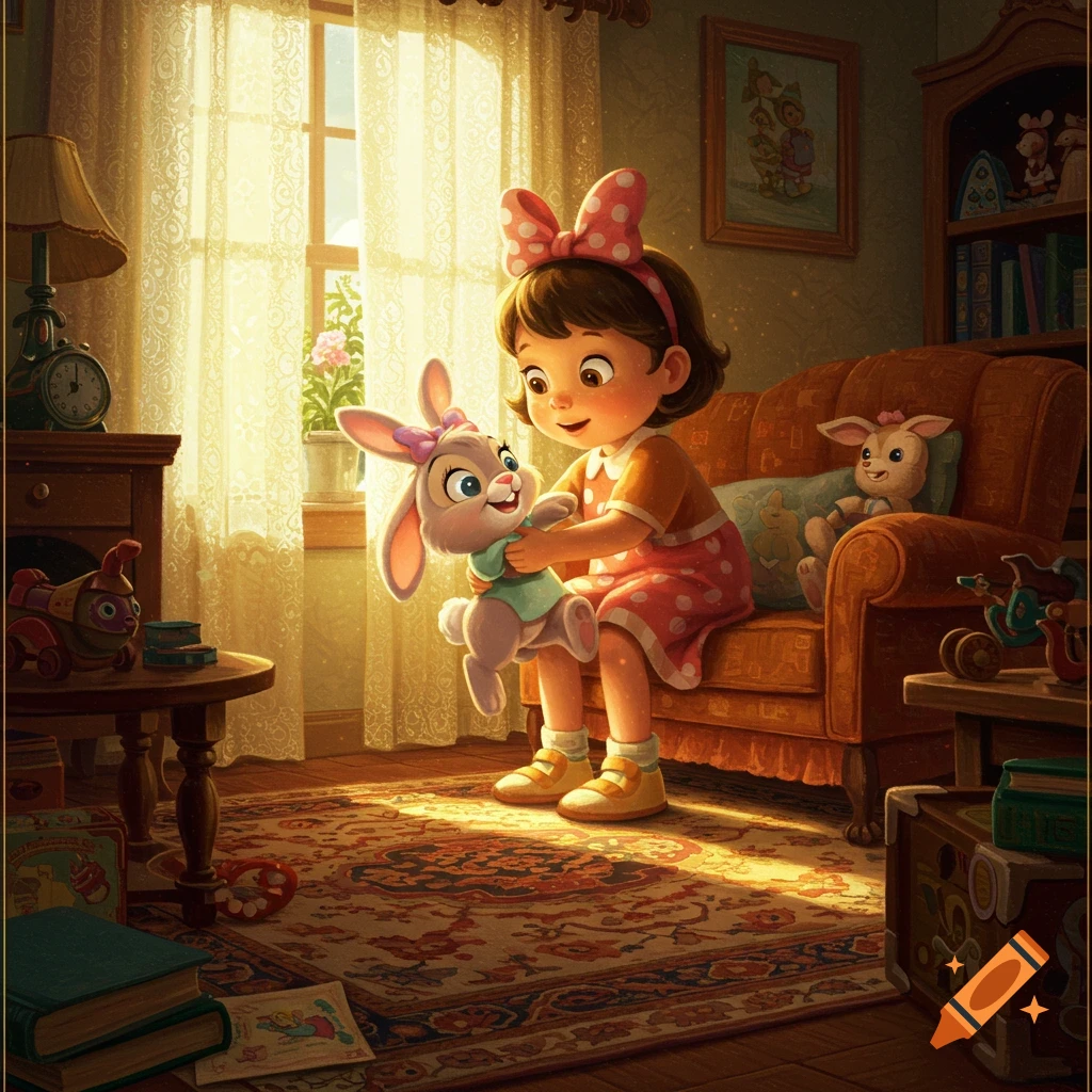 A cute animated girl with a pink bow holds a plush bunny in a sunlit, nostalgic room.