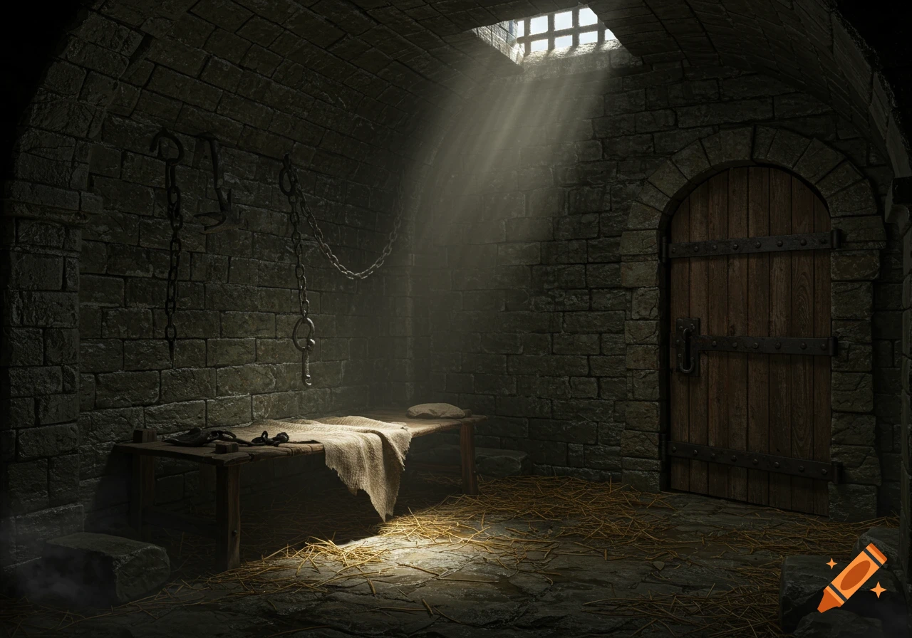 A dark, stone medieval dungeon cell with a wooden bed, chains on the wall, and a beam of light from a high grated window.