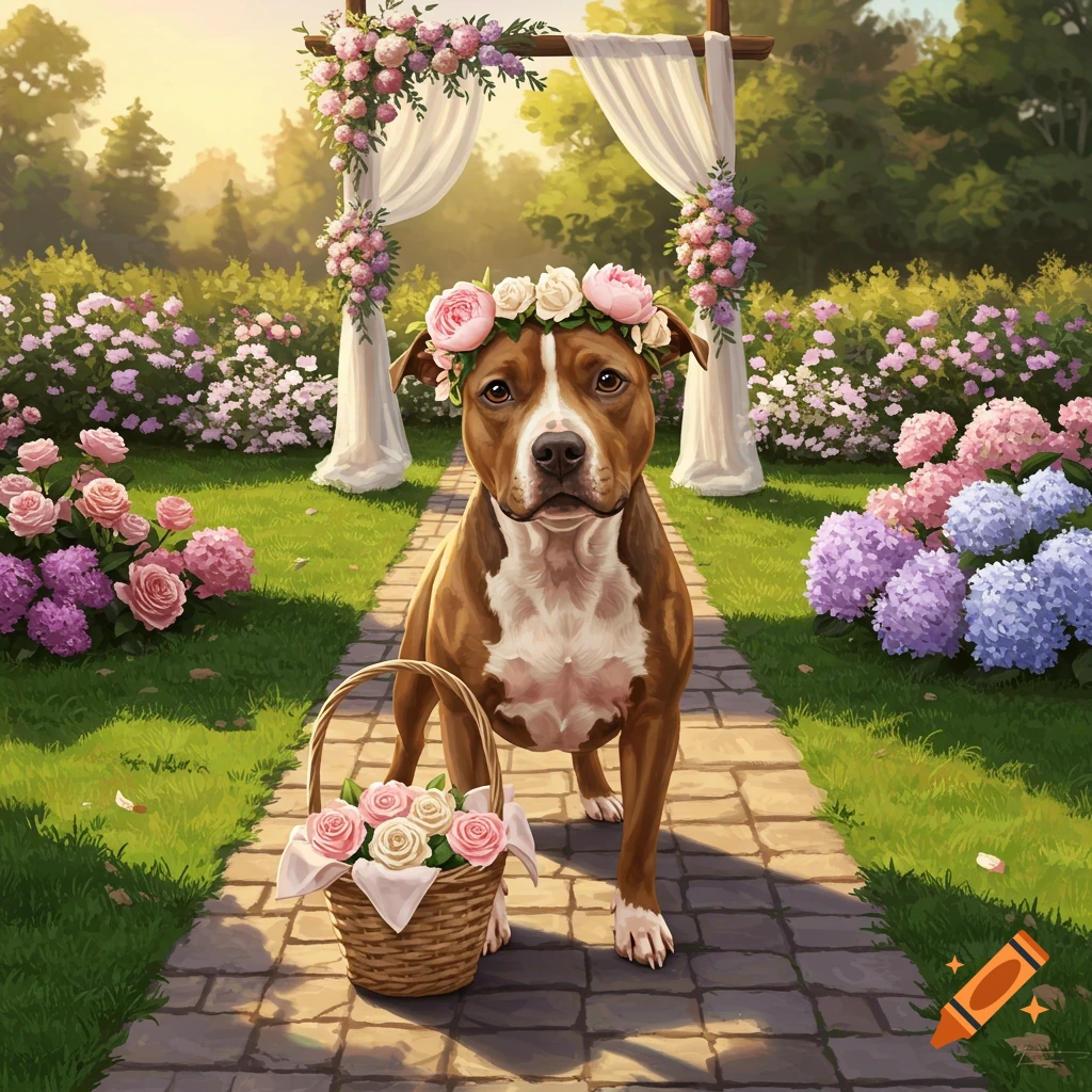 A brown and white pit bull dog wearing a flower crown, holding a basket of roses, stands on a stone path in a garden wedding setting with a floral arch.