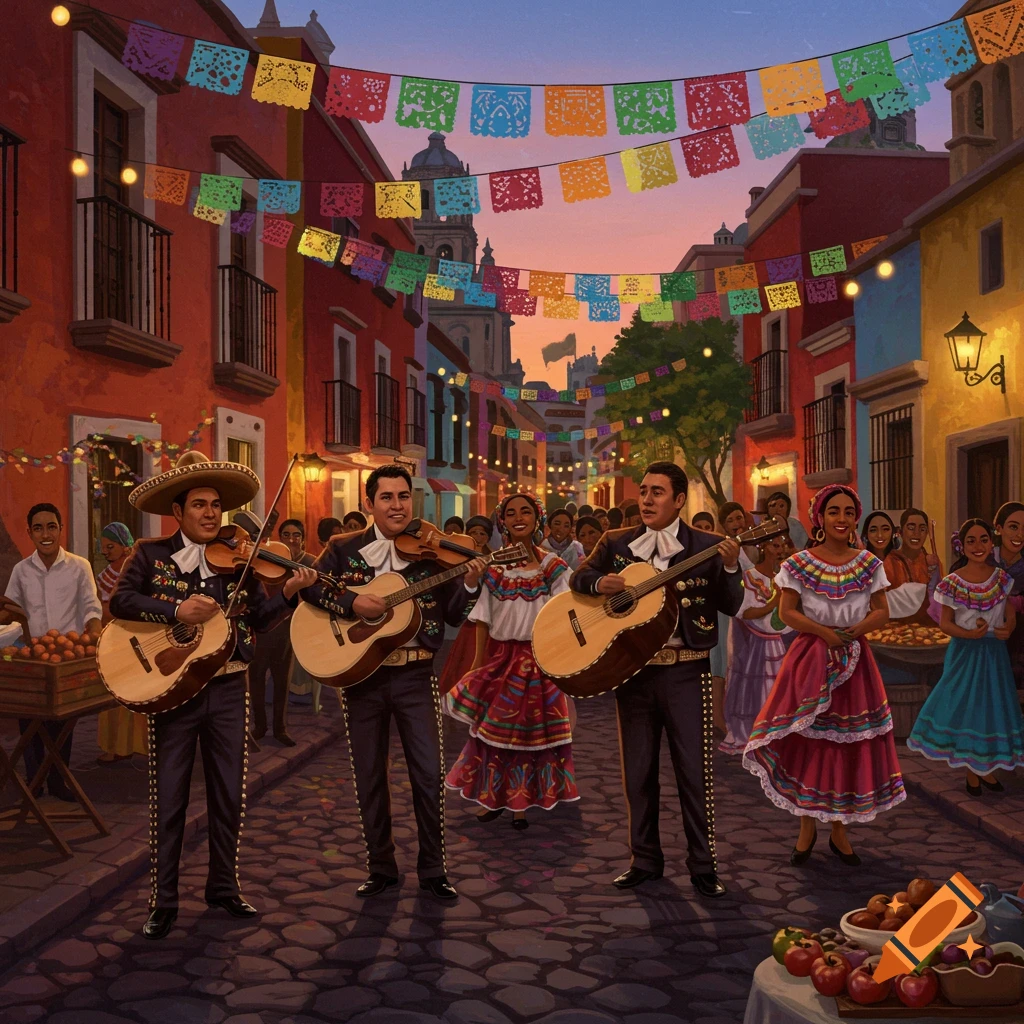 Three mariachi musicians play guitar and violin on a festive cobblestone street with colorful banners and people in traditional attire.